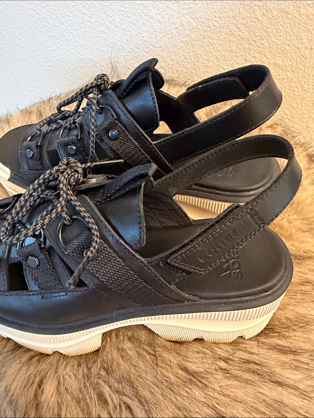 Sorel Black Leather Platform Slingback Sandals with White Lug Sole - Picture 2 of 5